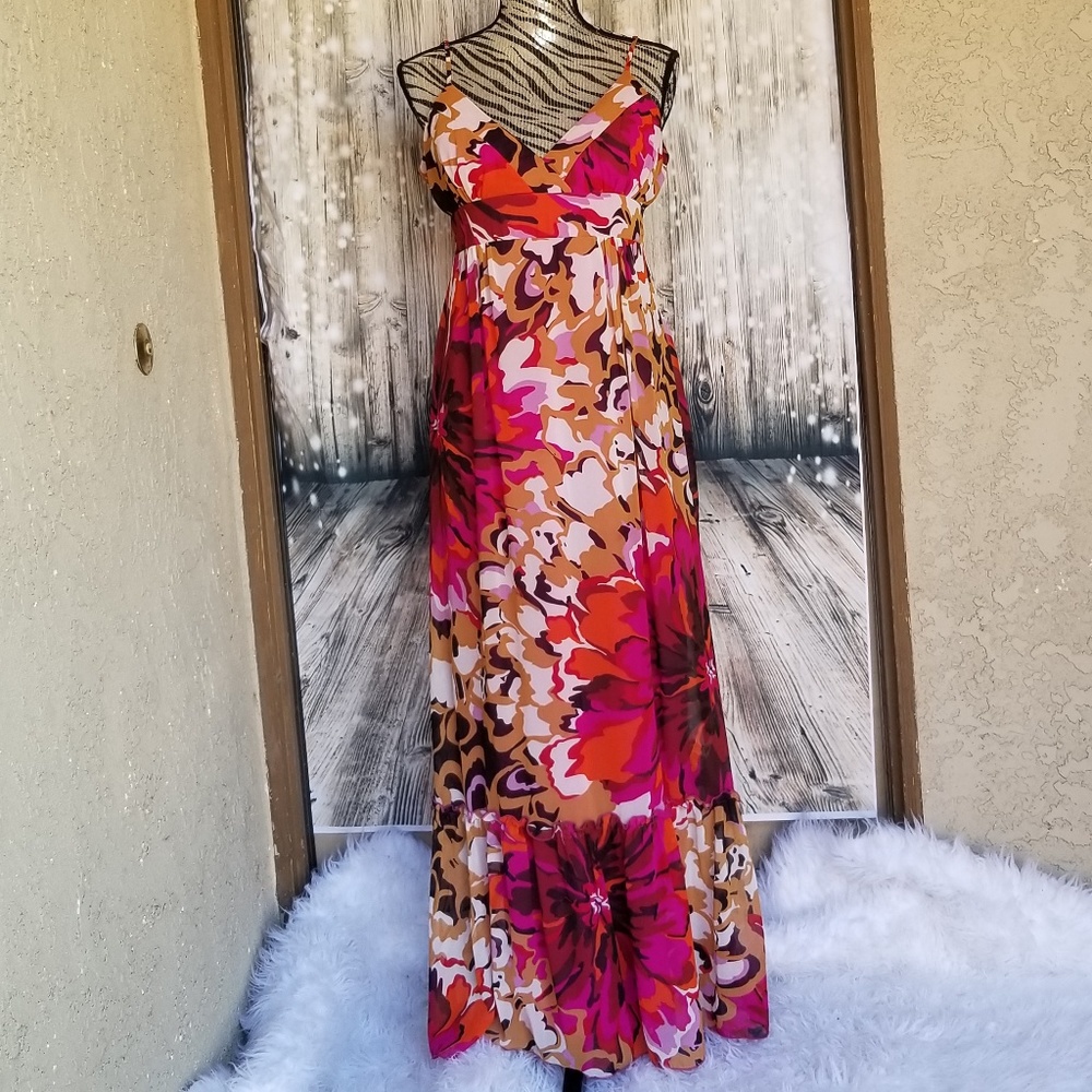 Bisou Bisou pink and orange maxi dress size 14
